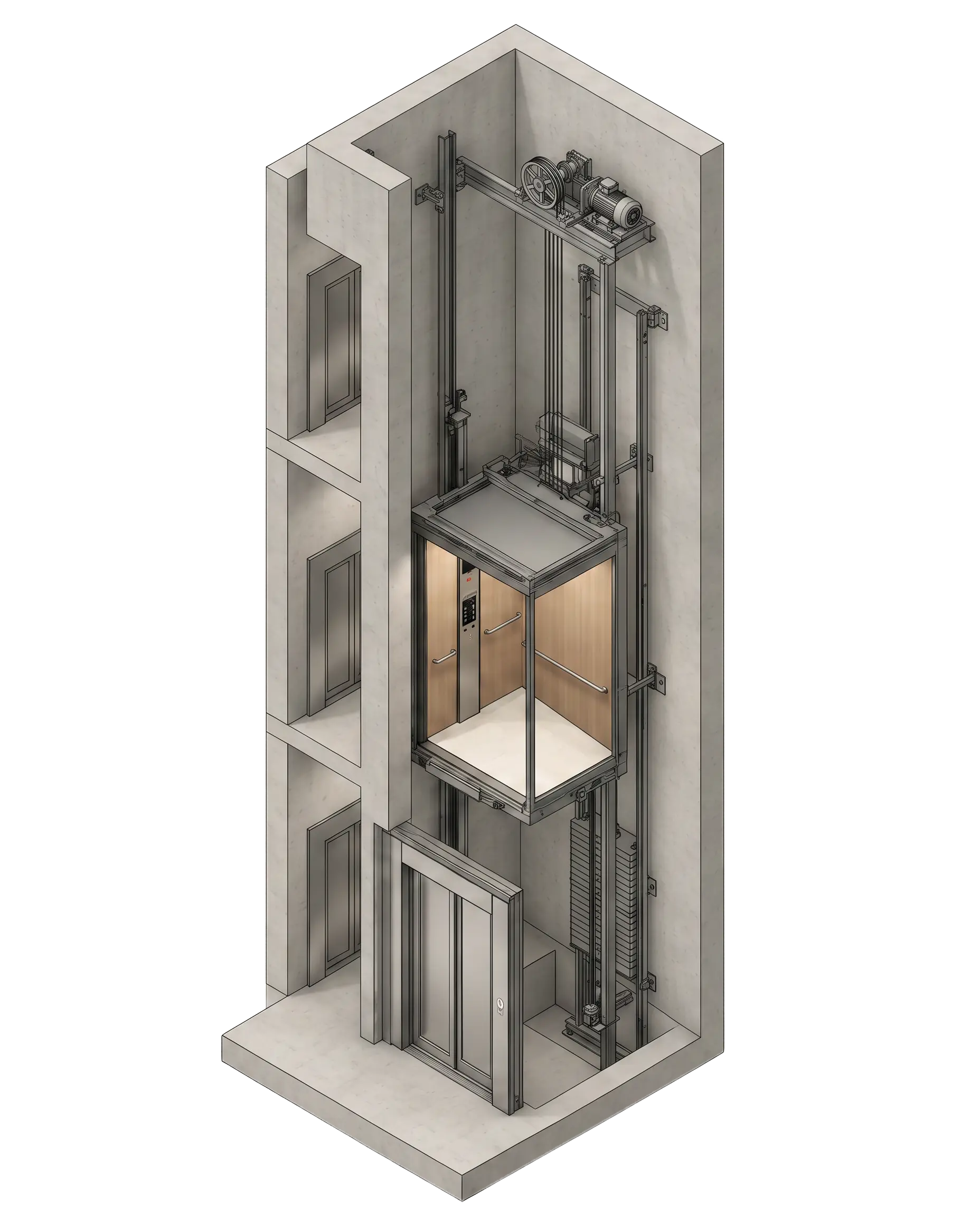 3D isometric cutaway diagram of Teknix EVO installed in an existing concrete shaft