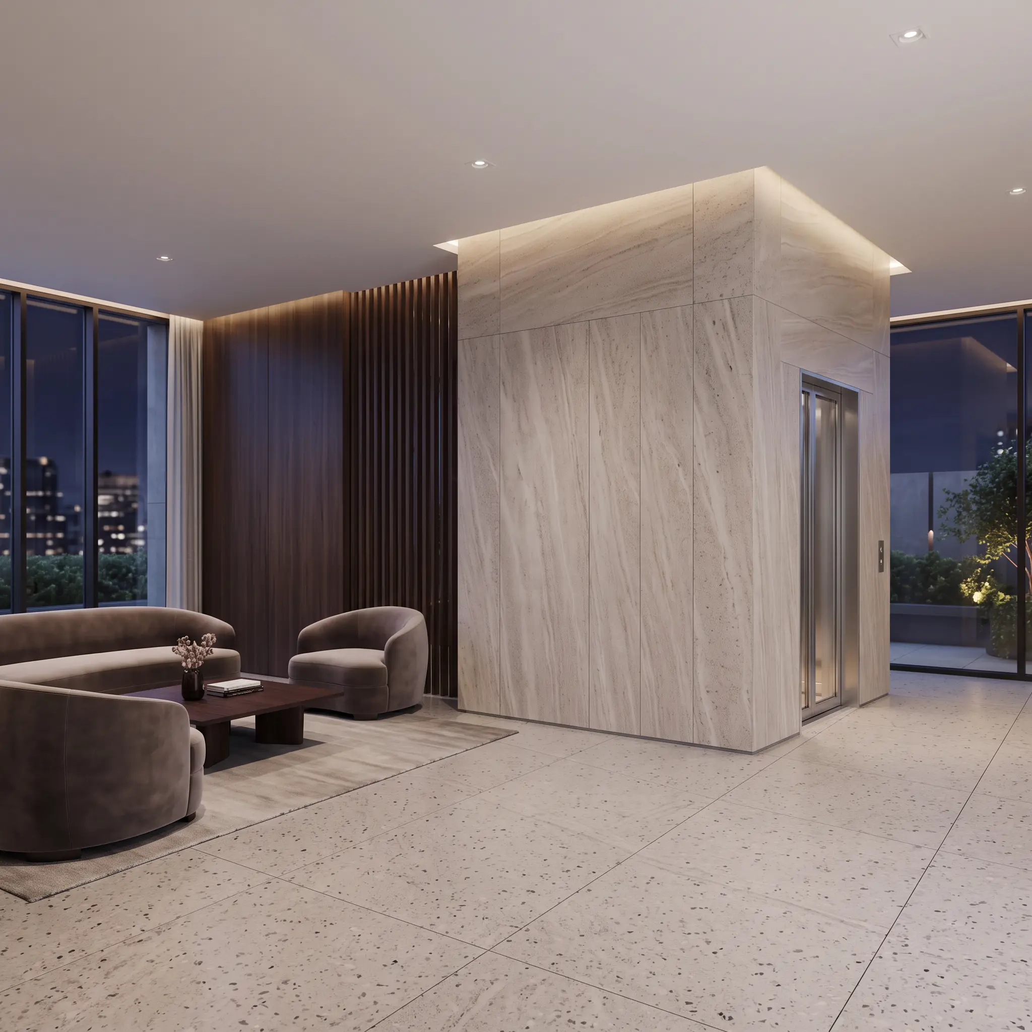Vertix elevator lobby with panoramic city view