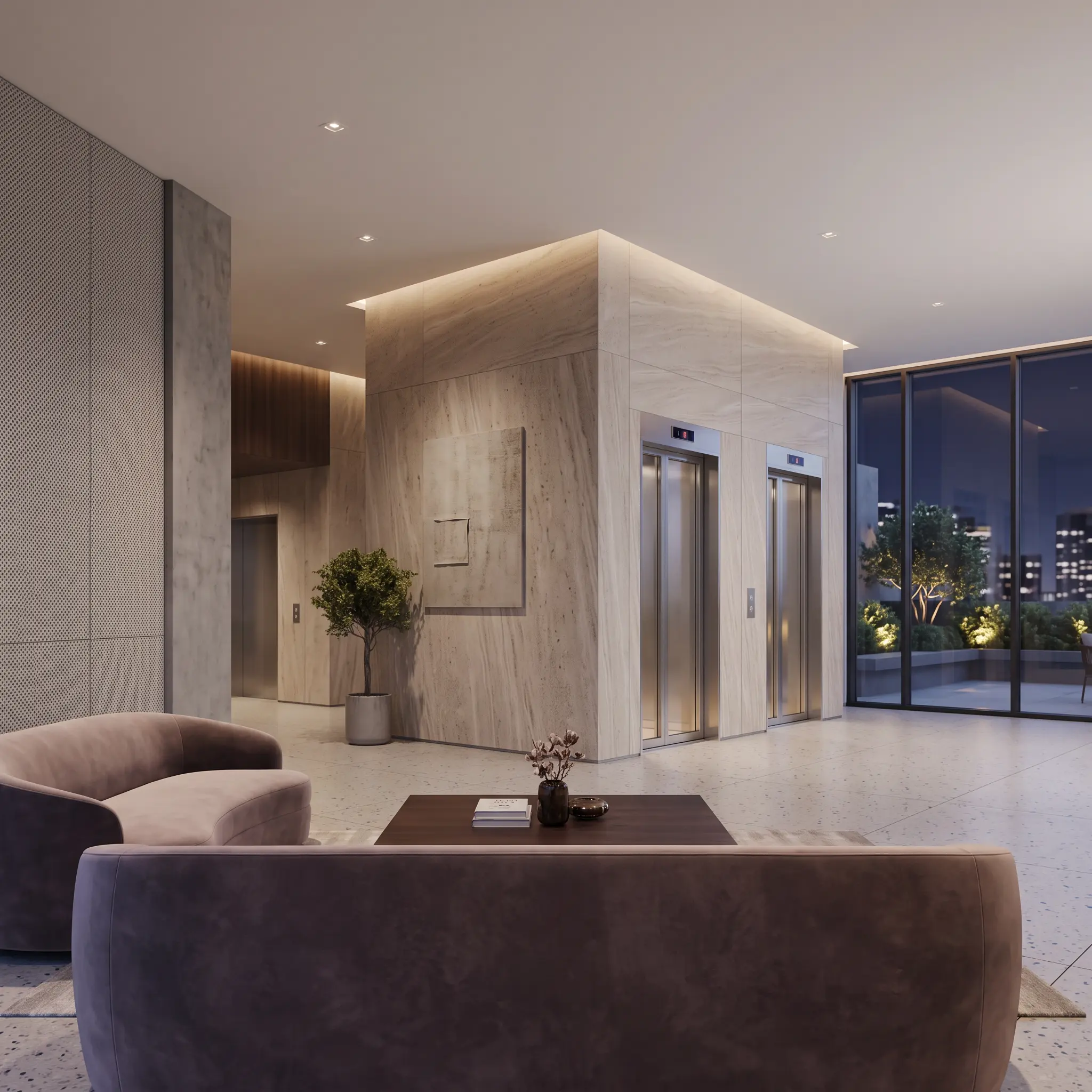 Vertix elevator beside a floating staircase