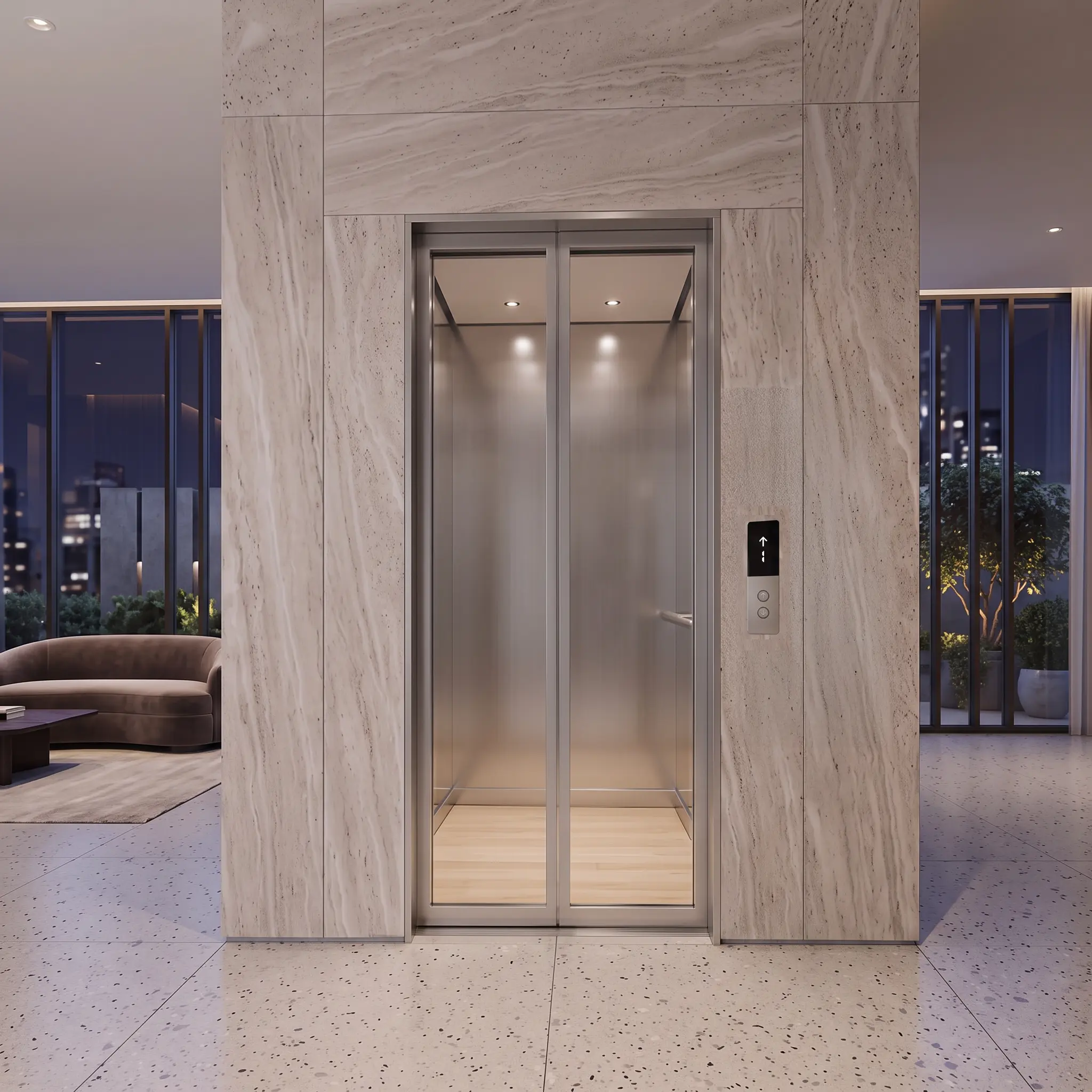 Vertix elevator interior with brushed steel finish