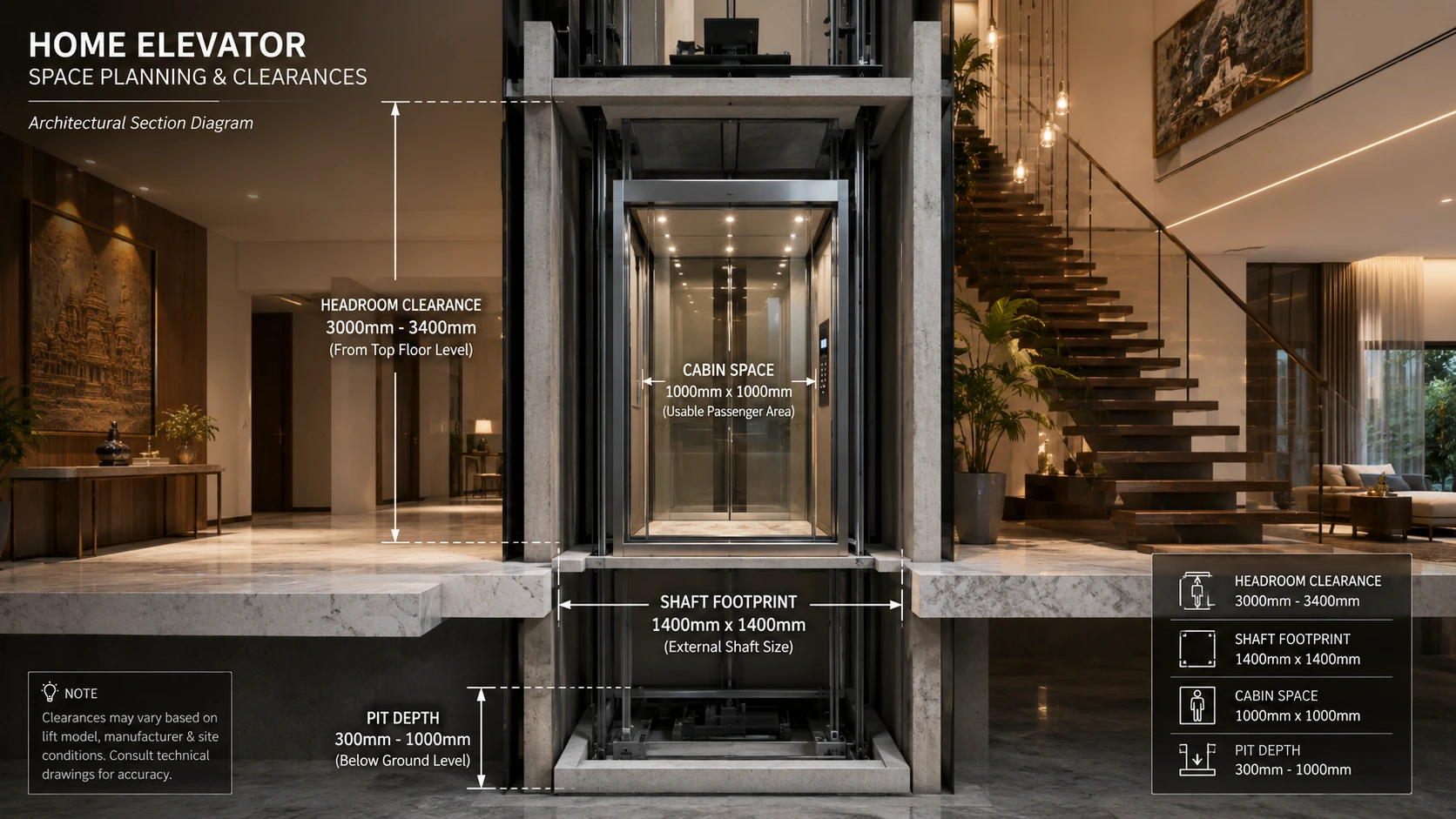 Home Elevator Dimensions Guide (2026): Shaft Sizes, Pit Depth & Space Planning